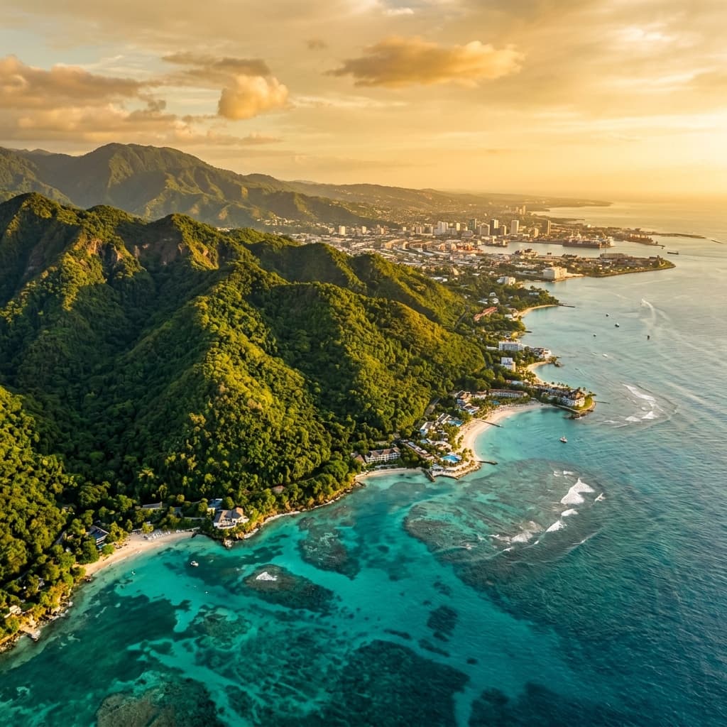 Aerial view of Jamaica's Blue Mountains meeting the Caribbean Sea