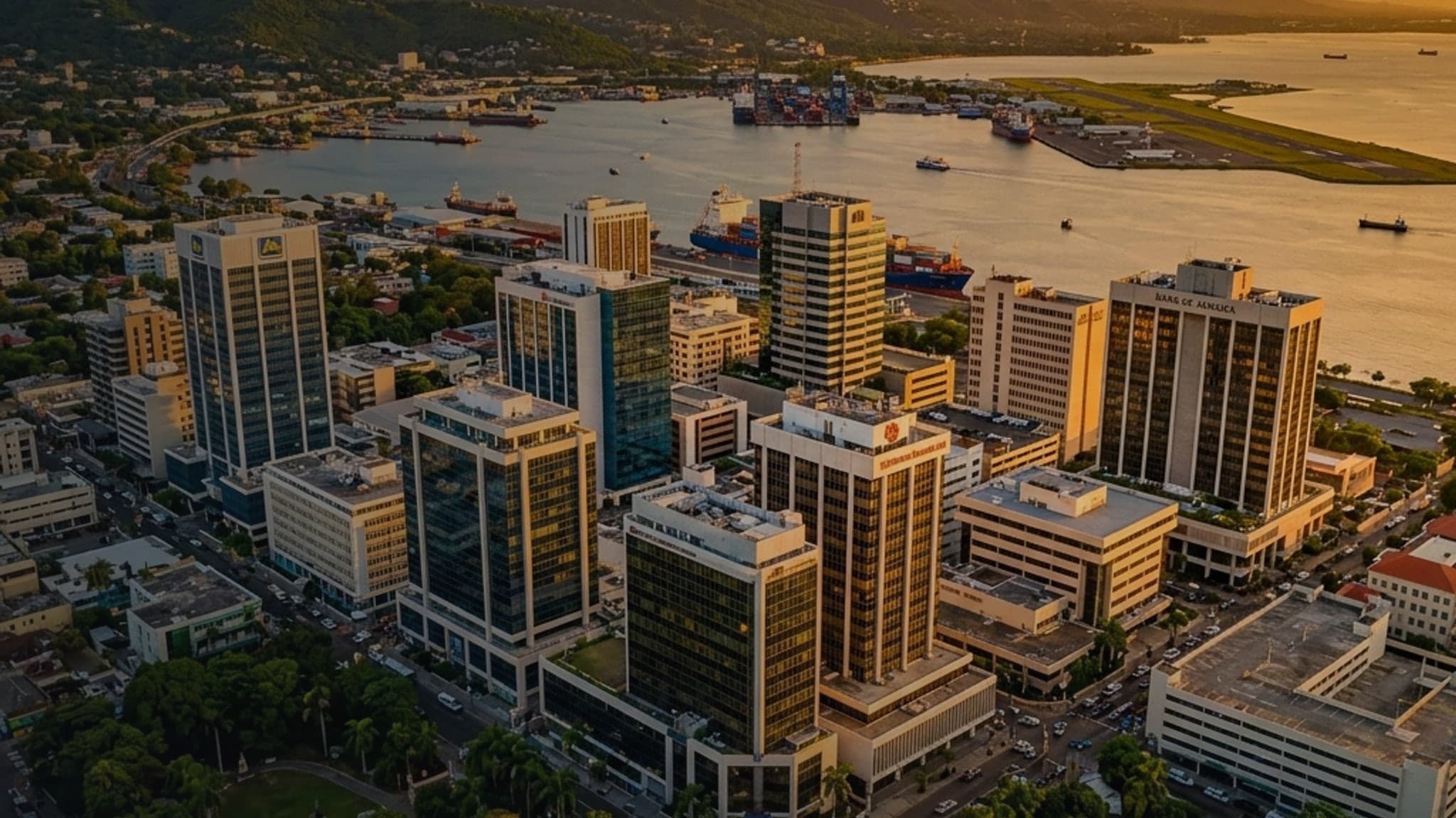 Downtown Kingston skyline and harbour at golden hour